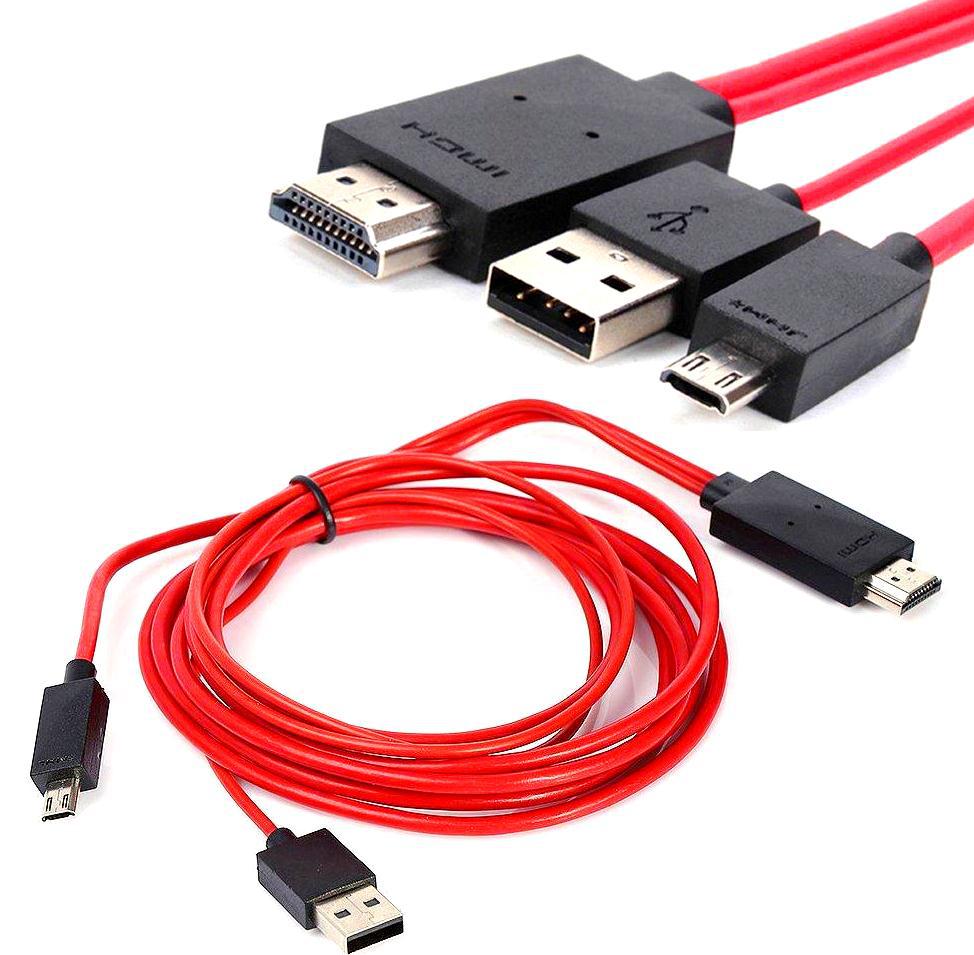 Переходник-конвертер MHL (micro USB (папа) + USB (папа)) to HDMI (папа), RED, 2m [2327]