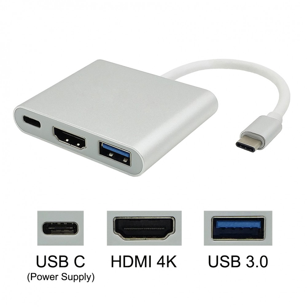 Конвертер Type-C (папа) на HDMI(мама)+USB 3.0(мама)+Type-C(мама) 10cm, Silver, 4K/2K, Пакет [13948]