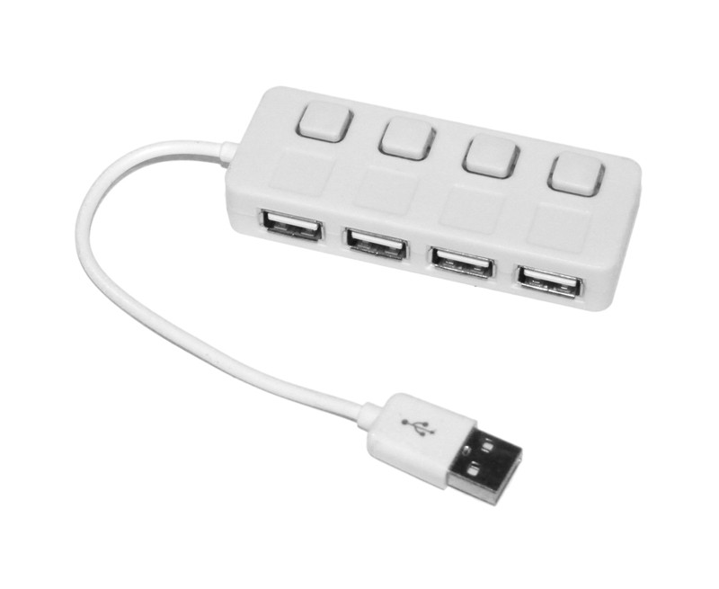 Хаб USB 2.0 4 порта, White, 480Mbts питание от USB, с кнопкой LED/Blue на каждый порт [1646]