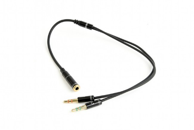 Аудіо кабель-перехідник Cablexpert CCA-418M з 4-х контактної 3.5 мм вилки на дві 3.5 мм розетки (стерео аудіо + моно мікрофон) [CCA-418M]