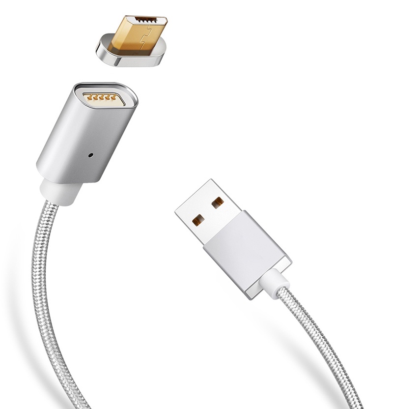 Магнитный кабель Ninja USB 2.0/Micro, 1m, 2А, индикатор заряда, тканевая оплетка, бронированный, съемник, Silver, Blister-Box [954]
