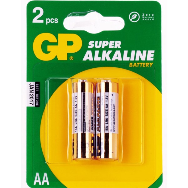 Батарейка AA GP Super Alkaline Battery, щелочная AA LR06, 2 шт в блистере, цена за блистер [GP15A-2UE2]