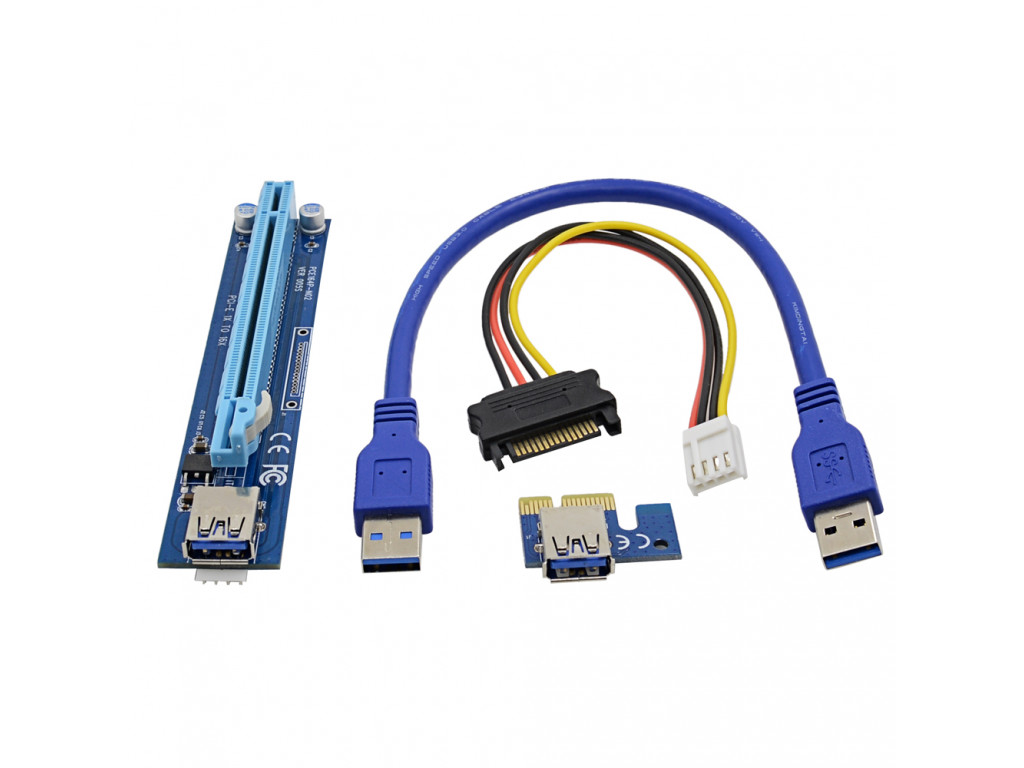 Riser PCI-EX, x1=&gt;x16, 6-pin, SATA=&gt;6Pin, USB 3.0 AM-AM 0,6 м blue, конденсатори СX270 [PCE164P-N03 VER 009]